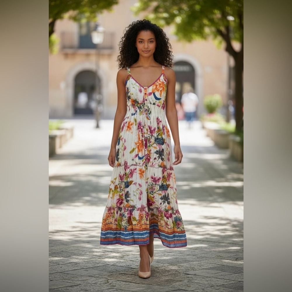 Me 2 Magic Elegant Floral Maxi Dress in Multicolor size L, stretchy material.